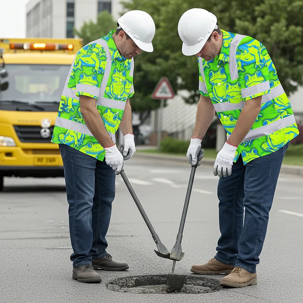 Hi Vis Hawaiian Shirt Reflective Tapes Green Neon Blue Frog Custom Name Safety Workwear For Workers, Truckers, Operators