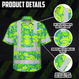 Hi Vis Hawaiian Shirt Reflective Tapes Green Neon Blue Frog Custom Name Safety Workwear For Workers, Truckers, Operators