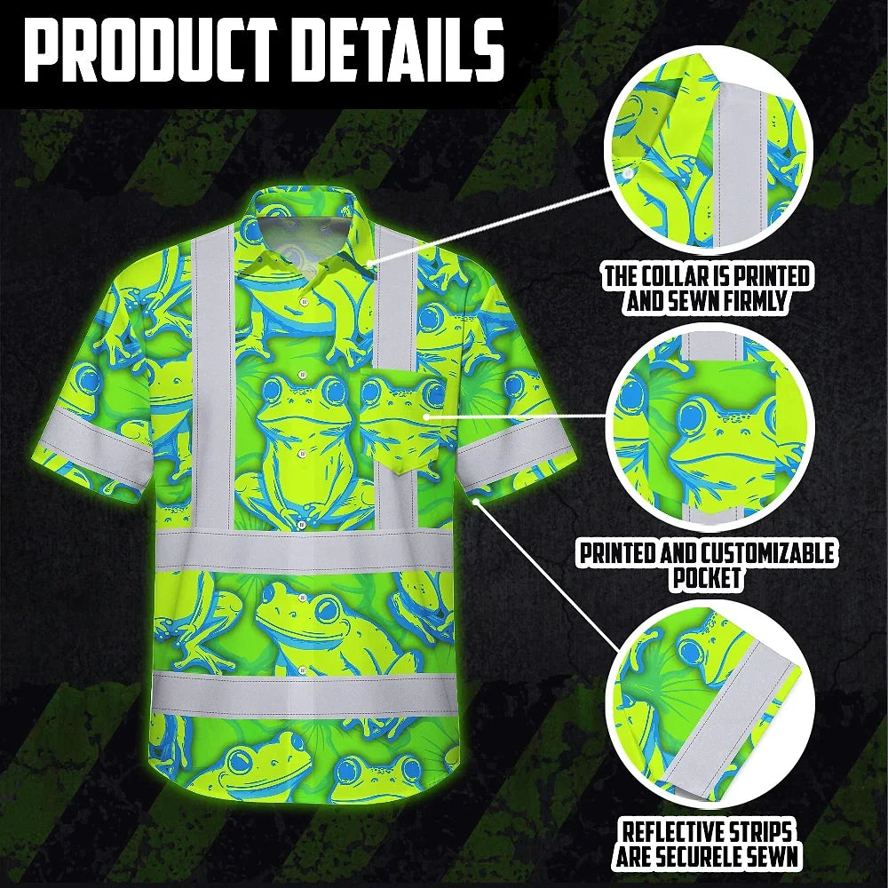 Hi Vis Hawaiian Shirt Reflective Tapes Green Neon Blue Frog Custom Name Safety Workwear For Workers, Truckers, Operators