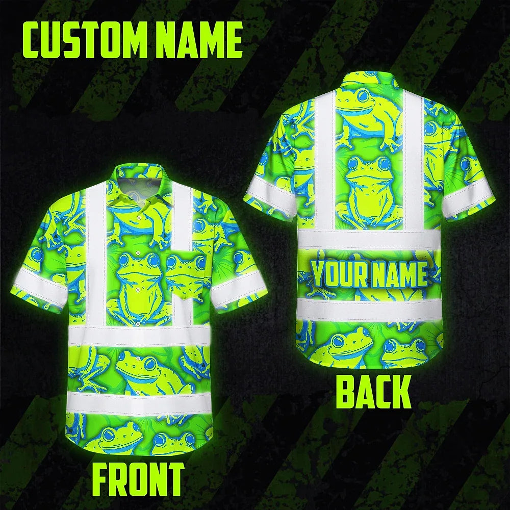 Hi Vis Hawaiian Shirt Reflective Tapes Green Neon Blue Frog Custom Name Safety Workwear For Workers, Truckers, Operators