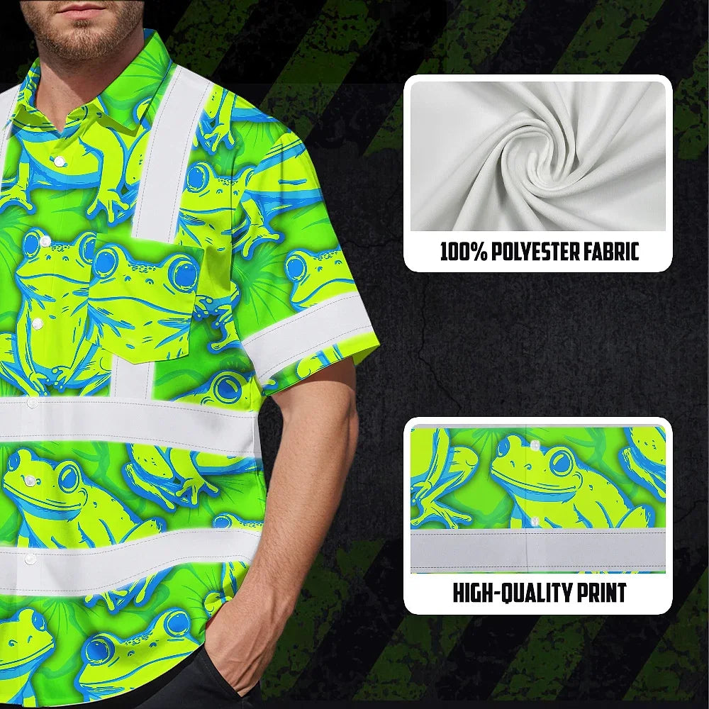 Hi Vis Hawaiian Shirt Reflective Tapes Green Neon Blue Frog Custom Name Safety Workwear For Workers, Truckers, Operators