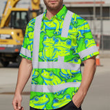 Hi Vis Hawaiian Shirt Reflective Tapes Green Neon Blue Frog Custom Name Safety Workwear For Workers, Truckers, Operators