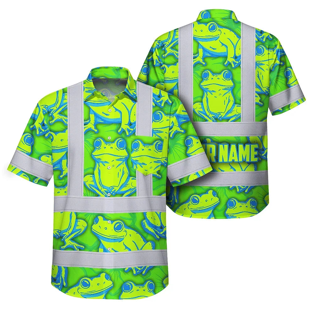 Hi Vis Hawaiian Shirt Reflective Tapes Green Neon Blue Frog Custom Name Safety Workwear For Workers, Truckers, Operators