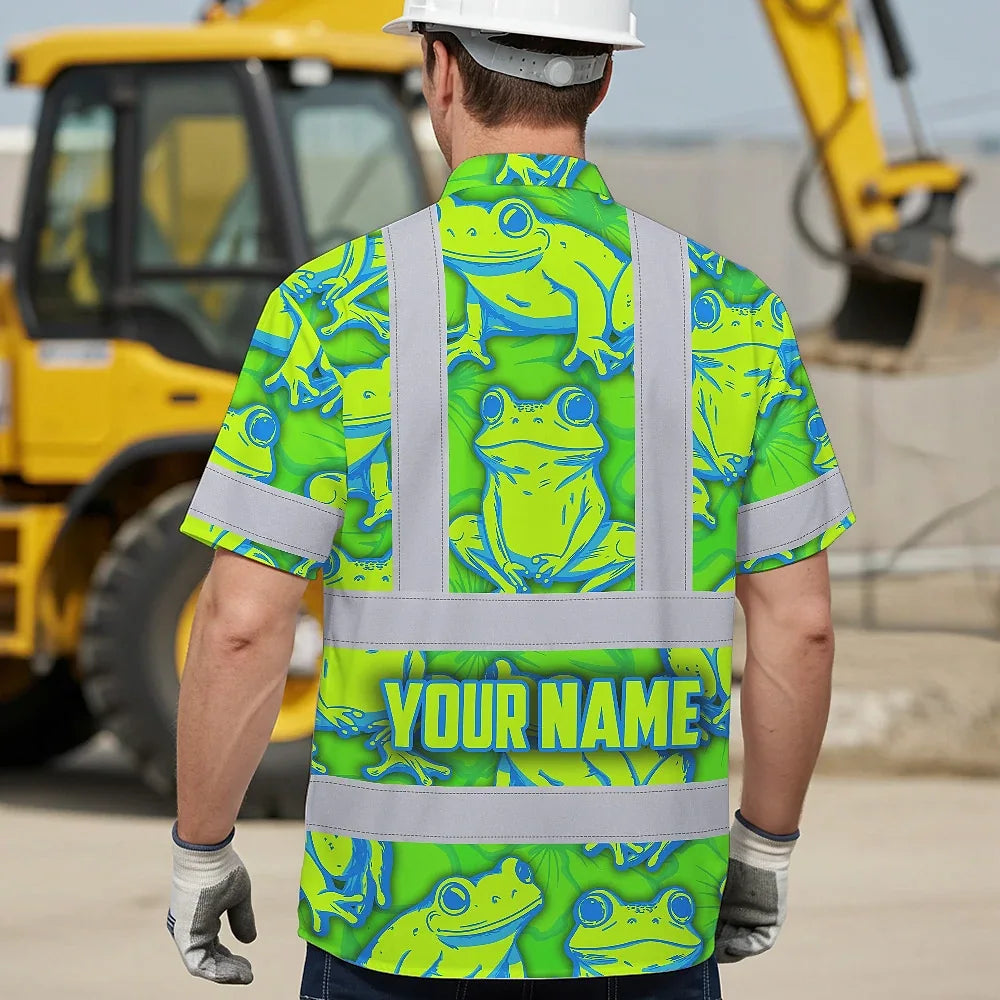 Hi Vis Hawaiian Shirt Reflective Tapes Green Neon Blue Frog Custom Name Safety Workwear For Workers, Truckers, Operators