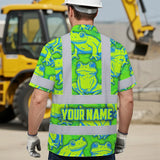 Hi Vis Hawaiian Shirt Reflective Tapes Green Neon Blue Frog Custom Name Safety Workwear For Workers, Truckers, Operators