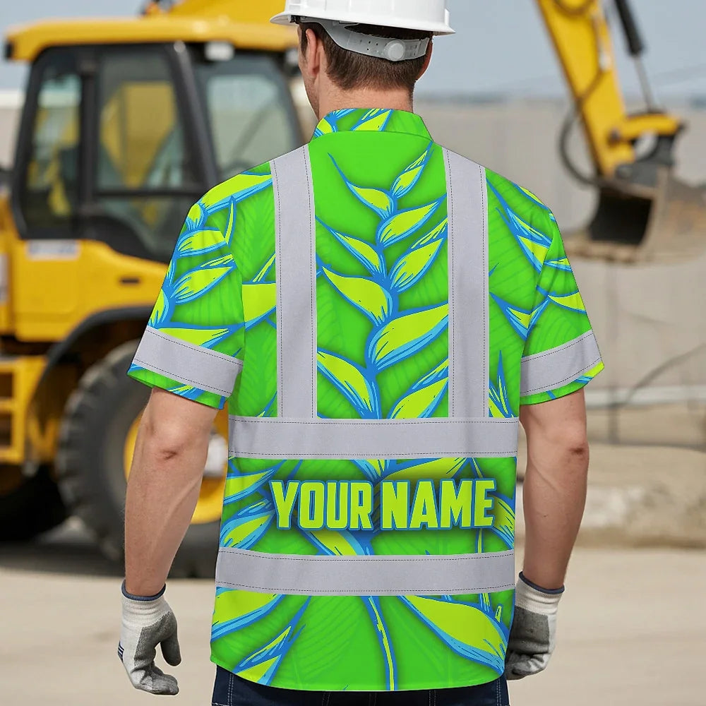 Hi Vis Hawaiian Shirt Reflective Tapes Green Neon Blue Heliconia Custom Name Safety Workwear For Workers, Truckers, Operators