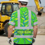 Hi Vis Hawaiian Shirt Reflective Tapes Green Neon Blue Heliconia Custom Name Safety Workwear For Workers, Truckers, Operators