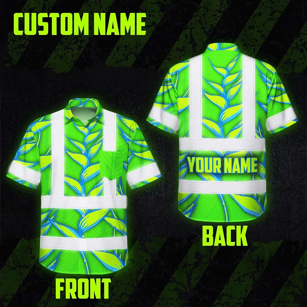 Hi Vis Hawaiian Shirt Reflective Tapes Green Neon Blue Heliconia Custom Name Safety Workwear For Workers, Truckers, Operators