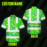 Hi Vis Hawaiian Shirt Reflective Tapes Green Neon Blue Heliconia Custom Name Safety Workwear For Workers, Truckers, Operators