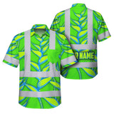 Hi Vis Hawaiian Shirt Reflective Tapes Green Neon Blue Heliconia Custom Name Safety Workwear For Workers, Truckers, Operators
