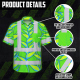 Hi Vis Hawaiian Shirt Reflective Tapes Green Neon Blue Heliconia Custom Name Safety Workwear For Workers, Truckers, Operators