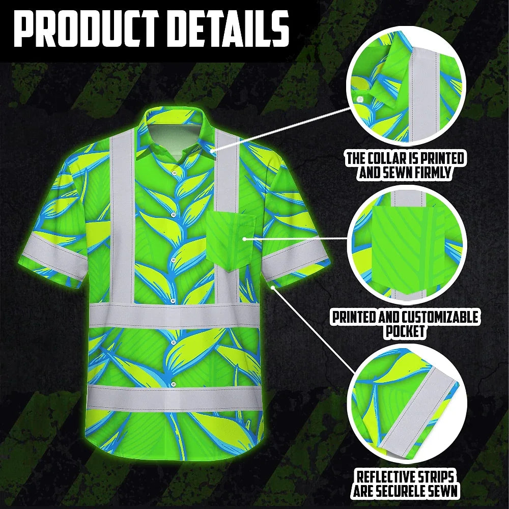 Hi Vis Hawaiian Shirt Reflective Tapes Green Neon Blue Heliconia Custom Name Safety Workwear For Workers, Truckers, Operators