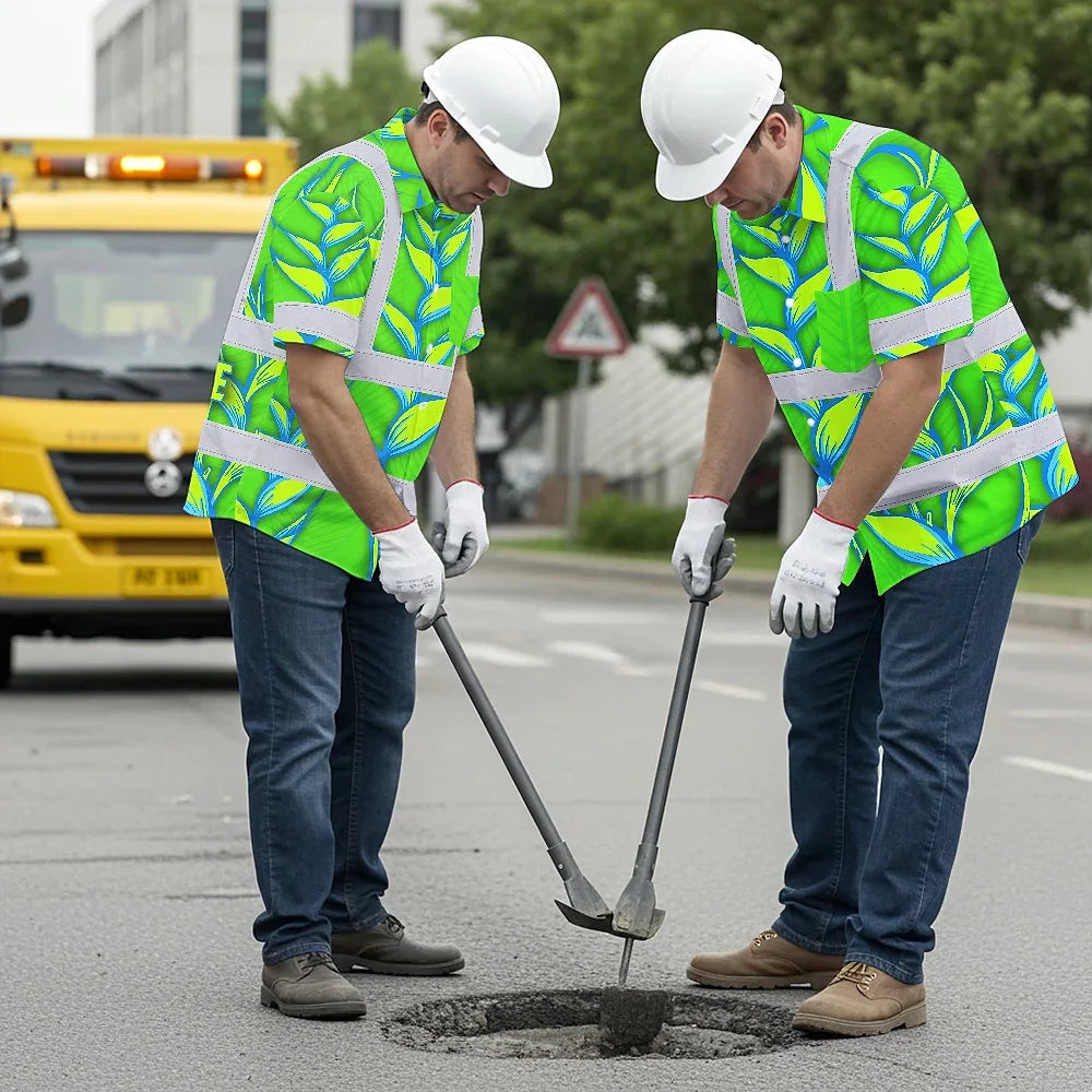 Hi Vis Hawaiian Shirt Reflective Tapes Green Neon Blue Heliconia Custom Name Safety Workwear For Workers, Truckers, Operators