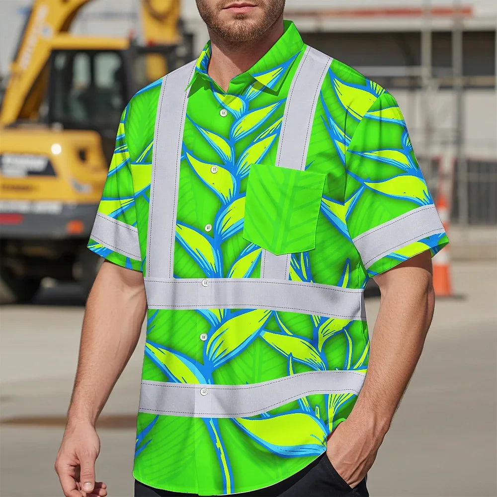 Hi Vis Hawaiian Shirt Reflective Tapes Green Neon Blue Heliconia Custom Name Safety Workwear For Workers, Truckers, Operators