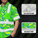 Hi Vis Hawaiian Shirt Reflective Tapes Green Neon Blue Heliconia Custom Name Safety Workwear For Workers, Truckers, Operators