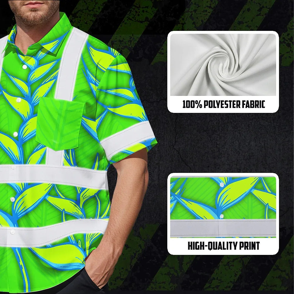 Hi Vis Hawaiian Shirt Reflective Tapes Green Neon Blue Heliconia Custom Name Safety Workwear For Workers, Truckers, Operators