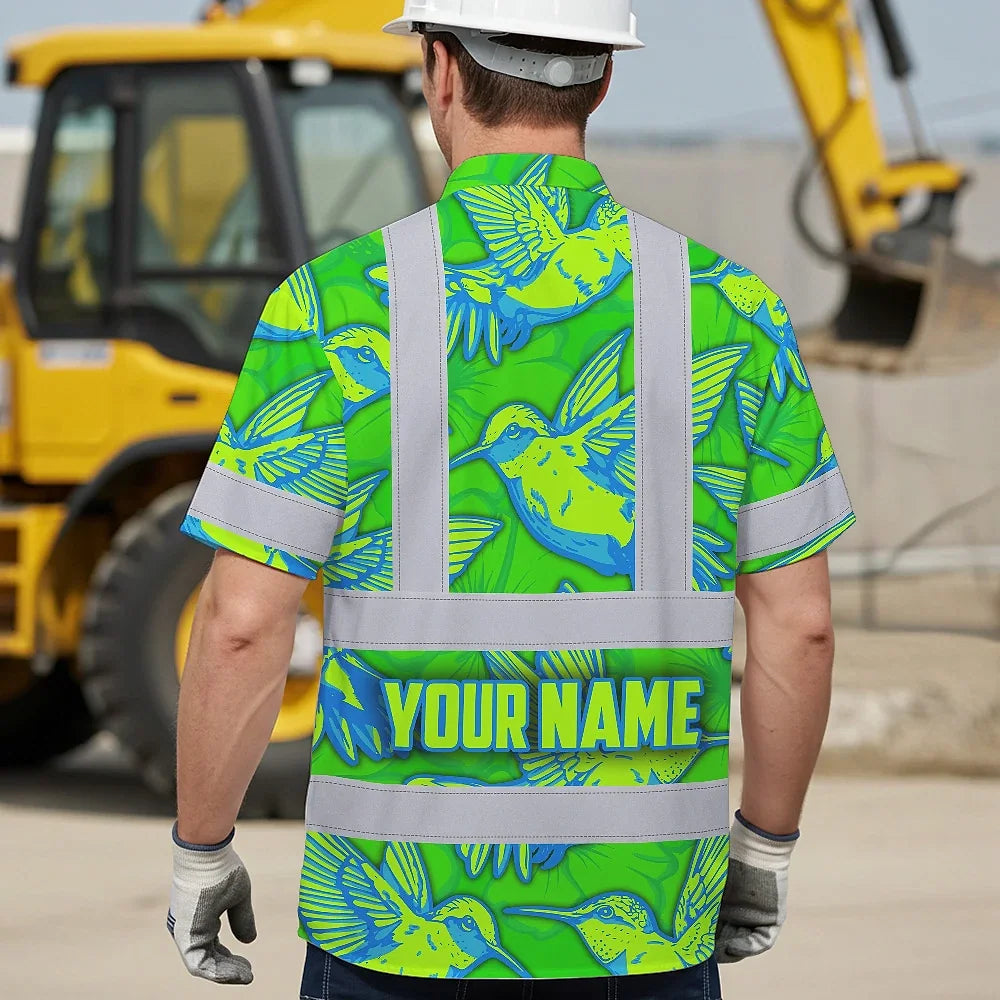 Hi Vis Hawaiian Shirt Reflective Tapes Green Neon Blue Hummingbird Custom Name Safety Workwear For Workers, Truckers, Operators