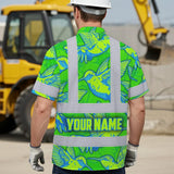 Hi Vis Hawaiian Shirt Reflective Tapes Green Neon Blue Hummingbird Custom Name Safety Workwear For Workers, Truckers, Operators