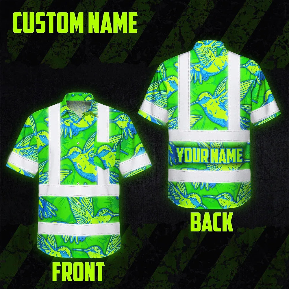 Hi Vis Hawaiian Shirt Reflective Tapes Green Neon Blue Hummingbird Custom Name Safety Workwear For Workers, Truckers, Operators