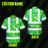 Hi Vis Hawaiian Shirt Reflective Tapes Green Neon Blue Hummingbird Custom Name Safety Workwear For Workers, Truckers, Operators