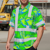 Hi Vis Hawaiian Shirt Reflective Tapes Green Neon Blue Hummingbird Custom Name Safety Workwear For Workers, Truckers, Operators