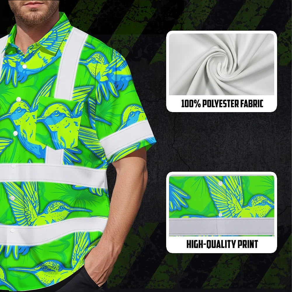 Hi Vis Hawaiian Shirt Reflective Tapes Green Neon Blue Hummingbird Custom Name Safety Workwear For Workers, Truckers, Operators