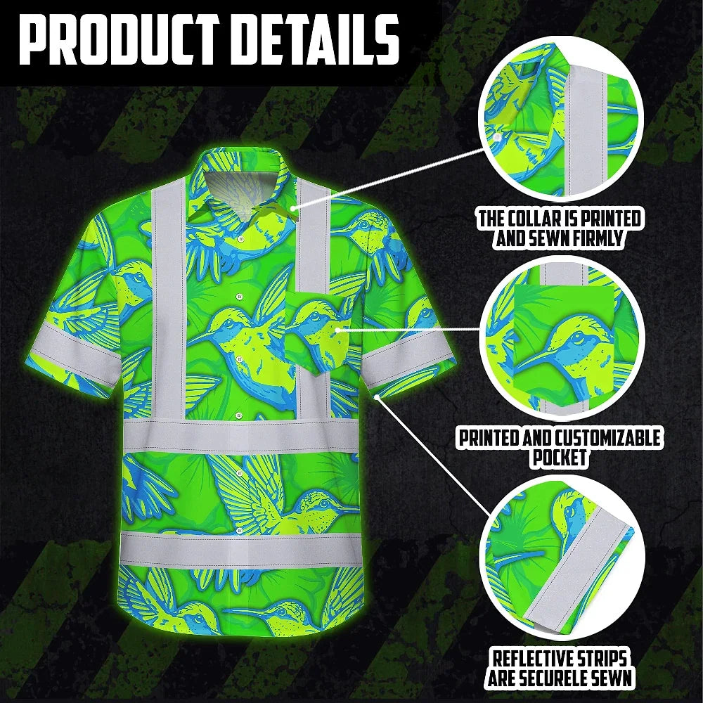 Hi Vis Hawaiian Shirt Reflective Tapes Green Neon Blue Hummingbird Custom Name Safety Workwear For Workers, Truckers, Operators