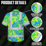 Hi Vis Hawaiian Shirt Reflective Tapes Green Neon Blue Orchid Custom Name Safety Workwear For Workers, Truckers, Operators