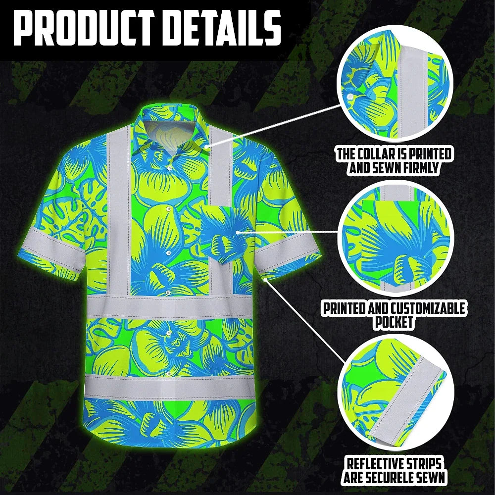 Hi Vis Hawaiian Shirt Reflective Tapes Green Neon Blue Orchid Custom Name Safety Workwear For Workers, Truckers, Operators