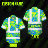 Hi Vis Hawaiian Shirt Reflective Tapes Green Neon Blue Orchid Custom Name Safety Workwear For Workers, Truckers, Operators