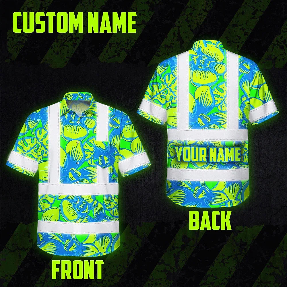Hi Vis Hawaiian Shirt Reflective Tapes Green Neon Blue Orchid Custom Name Safety Workwear For Workers, Truckers, Operators