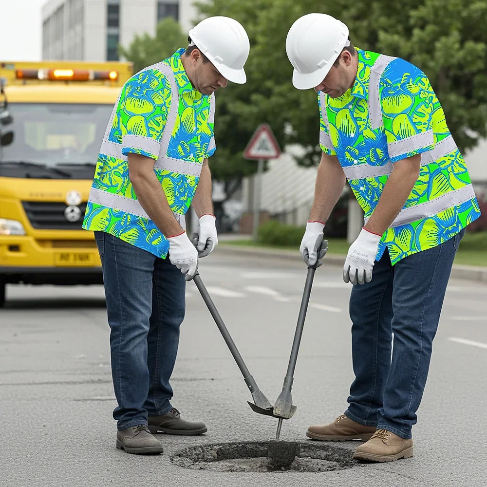 Hi Vis Hawaiian Shirt Reflective Tapes Green Neon Blue Orchid Custom Name Safety Workwear For Workers, Truckers, Operators