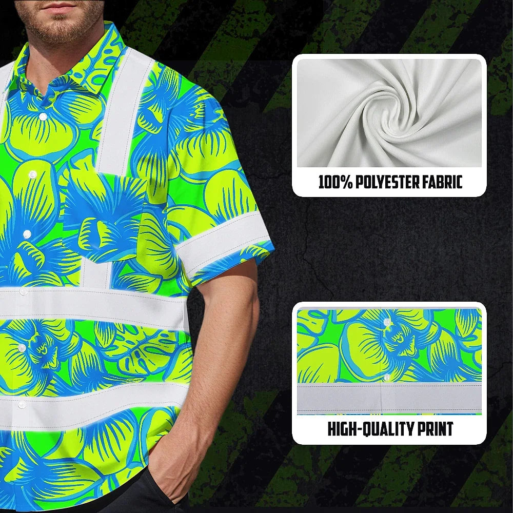 Hi Vis Hawaiian Shirt Reflective Tapes Green Neon Blue Orchid Custom Name Safety Workwear For Workers, Truckers, Operators
