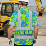 Hi Vis Hawaiian Shirt Reflective Tapes Green Neon Blue Orchid Custom Name Safety Workwear For Workers, Truckers, Operators