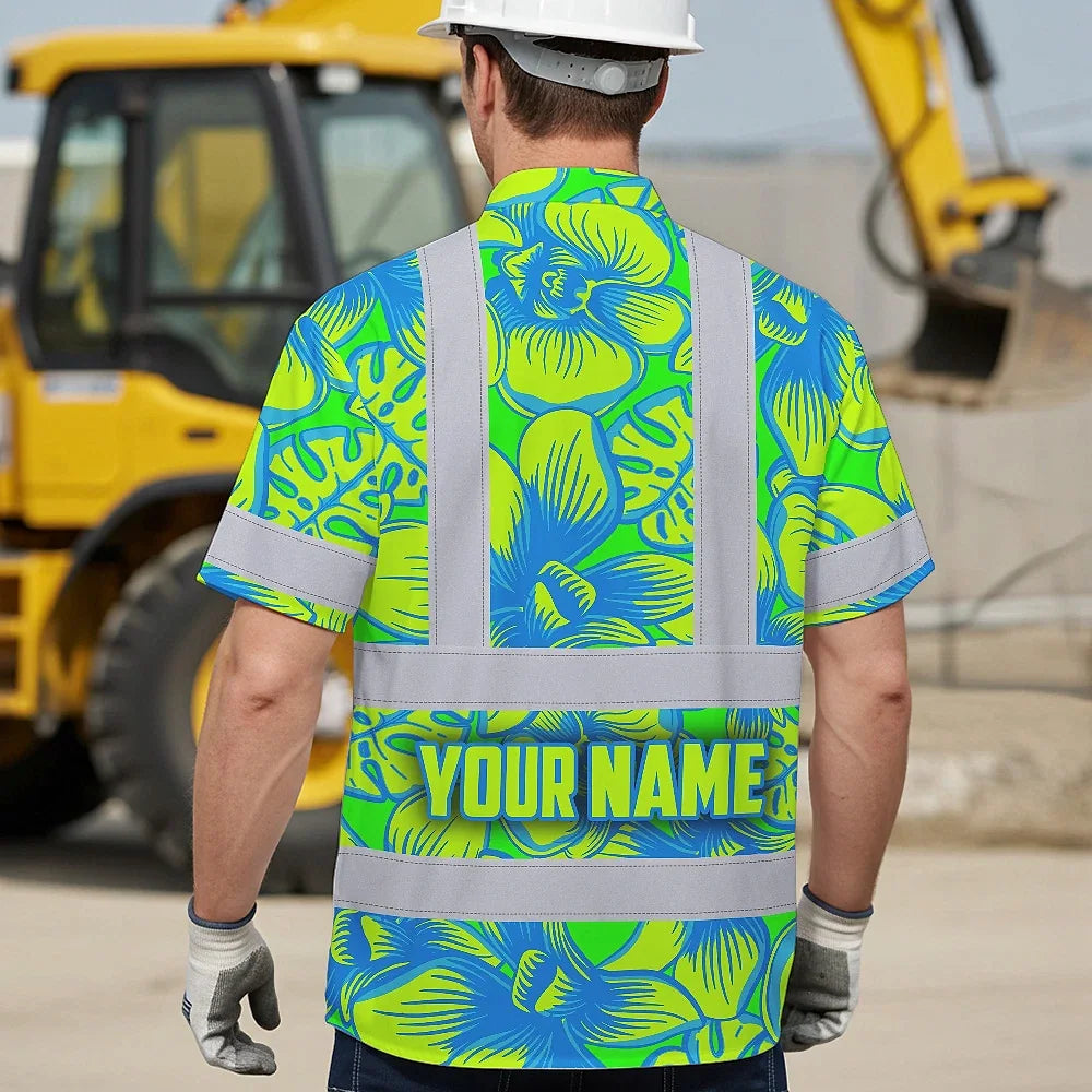 Hi Vis Hawaiian Shirt Reflective Tapes Green Neon Blue Orchid Custom Name Safety Workwear For Workers, Truckers, Operators