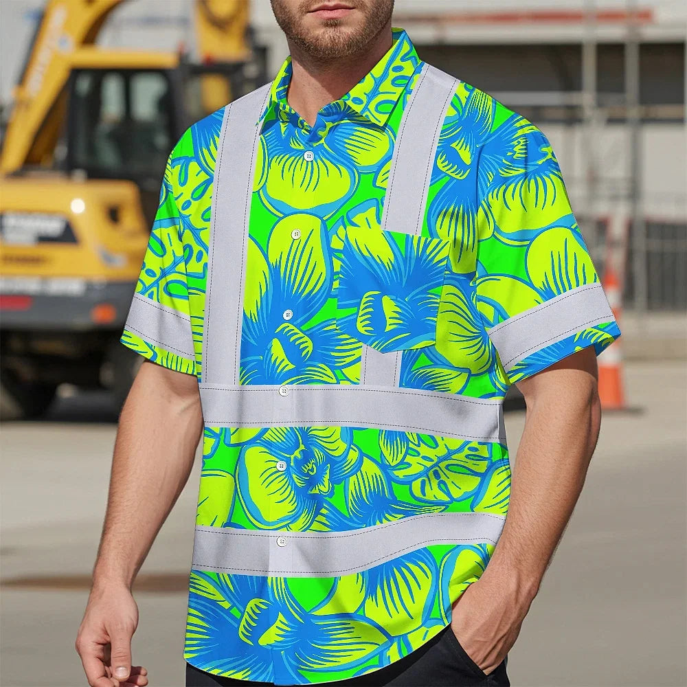 Hi Vis Hawaiian Shirt Reflective Tapes Green Neon Blue Orchid Custom Name Safety Workwear For Workers, Truckers, Operators
