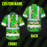 Hi Vis Hawaiian Shirt Reflective Tapes Green Neon Blue Parrot Custom Name Safety Workwear For Workers, Truckers, Operators