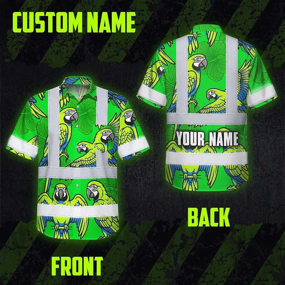 Hi Vis Hawaiian Shirt Reflective Tapes Green Neon Blue Parrot Custom Name Safety Workwear For Workers, Truckers, Operators