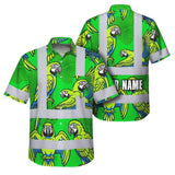 Hi Vis Hawaiian Shirt Reflective Tapes Green Neon Blue Parrot Custom Name Safety Workwear For Workers, Truckers, Operators