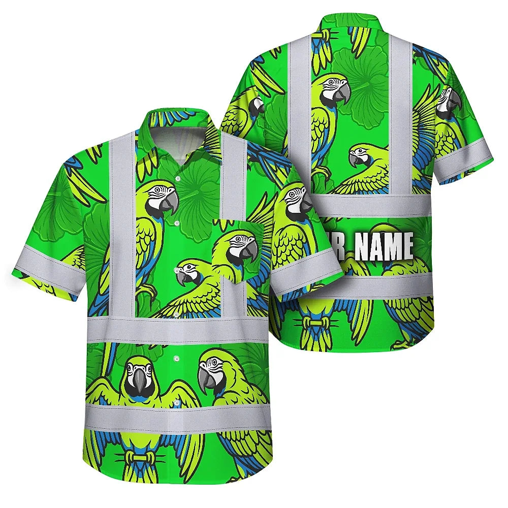 Hi Vis Hawaiian Shirt Reflective Tapes Green Neon Blue Parrot Custom Name Safety Workwear For Workers, Truckers, Operators