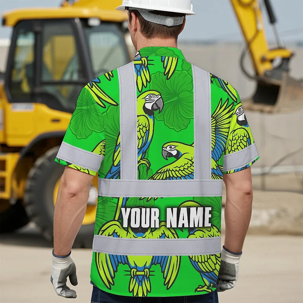 Hi Vis Hawaiian Shirt Reflective Tapes Green Neon Blue Parrot Custom Name Safety Workwear For Workers, Truckers, Operators