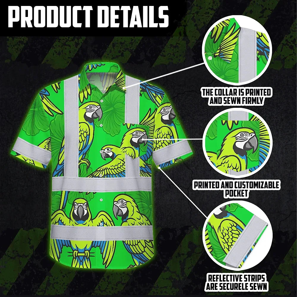 Hi Vis Hawaiian Shirt Reflective Tapes Green Neon Blue Parrot Custom Name Safety Workwear For Workers, Truckers, Operators