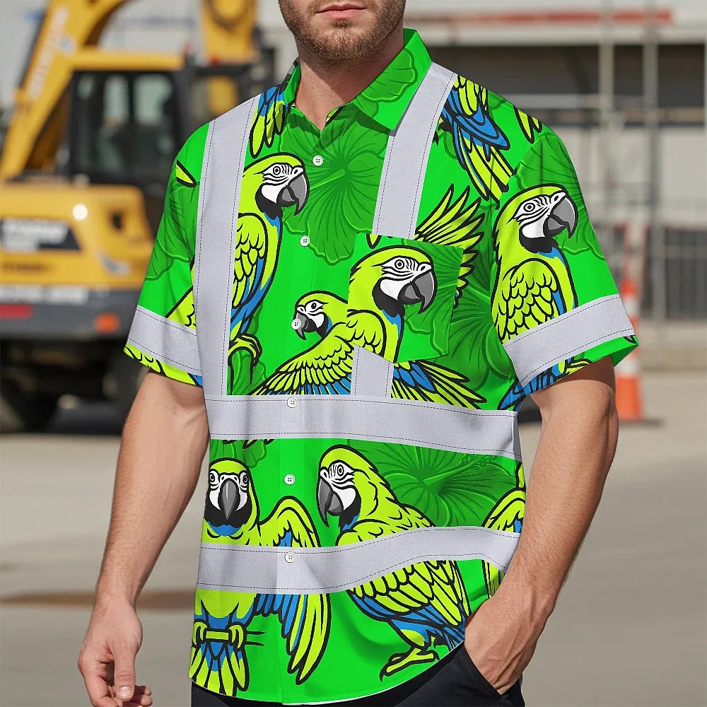 Hi Vis Hawaiian Shirt Reflective Tapes Green Neon Blue Parrot Custom Name Safety Workwear For Workers, Truckers, Operators