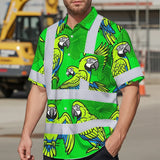 Hi Vis Hawaiian Shirt Reflective Tapes Green Neon Blue Parrot Custom Name Safety Workwear For Workers, Truckers, Operators