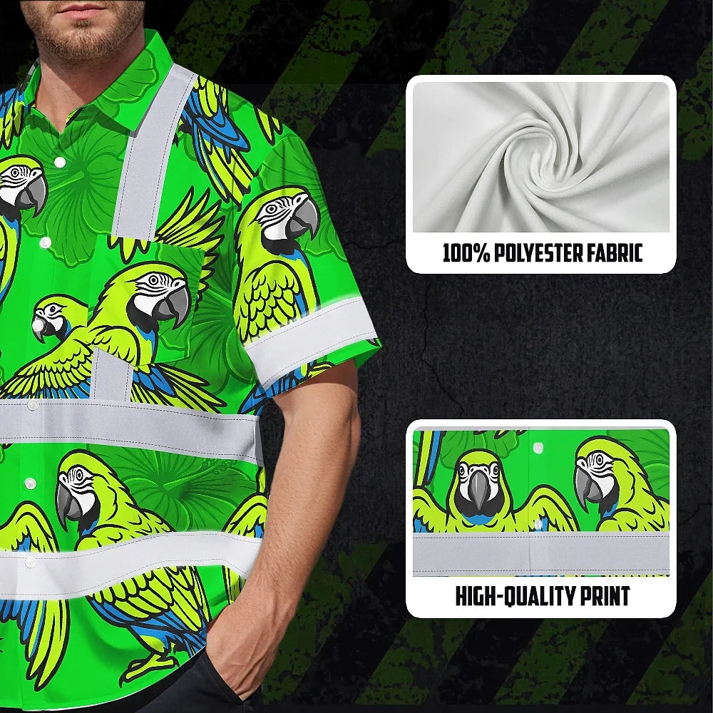 Hi Vis Hawaiian Shirt Reflective Tapes Green Neon Blue Parrot Custom Name Safety Workwear For Workers, Truckers, Operators