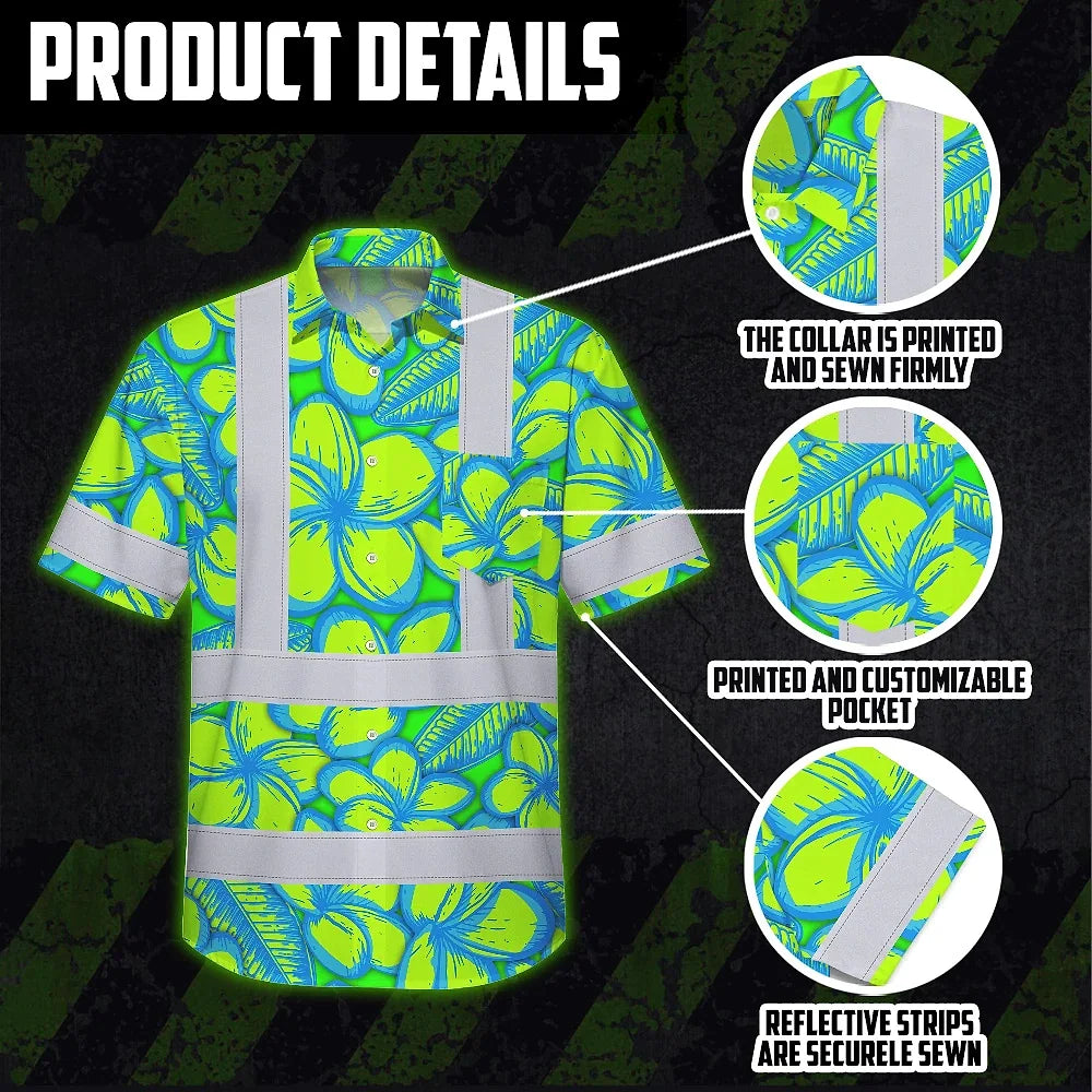 Hi Vis Hawaiian Shirt Reflective Tapes Green Neon Blue Plumeria Custom Name Safety Workwear For Workers, Truckers, Operators