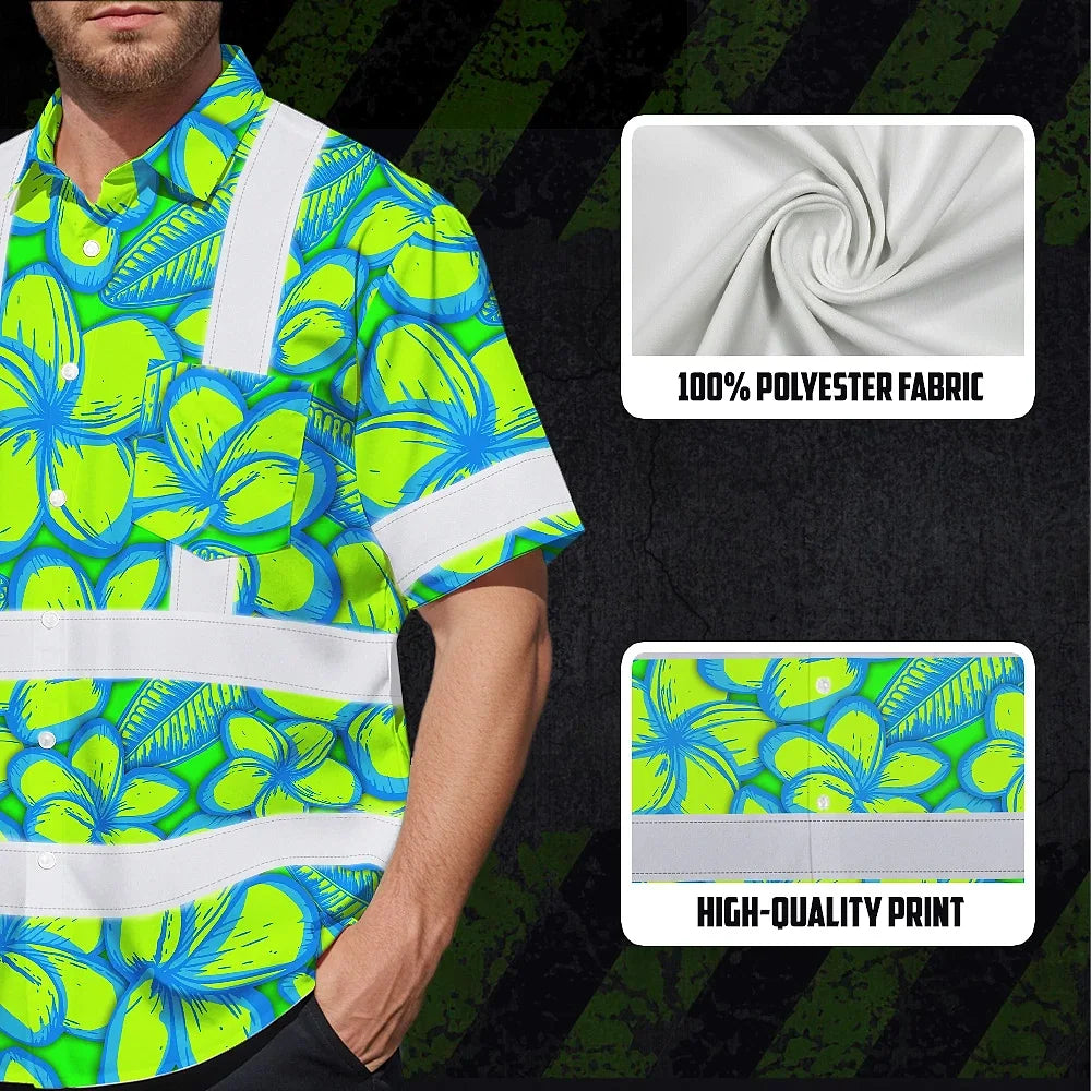 Hi Vis Hawaiian Shirt Reflective Tapes Green Neon Blue Plumeria Custom Name Safety Workwear For Workers, Truckers, Operators