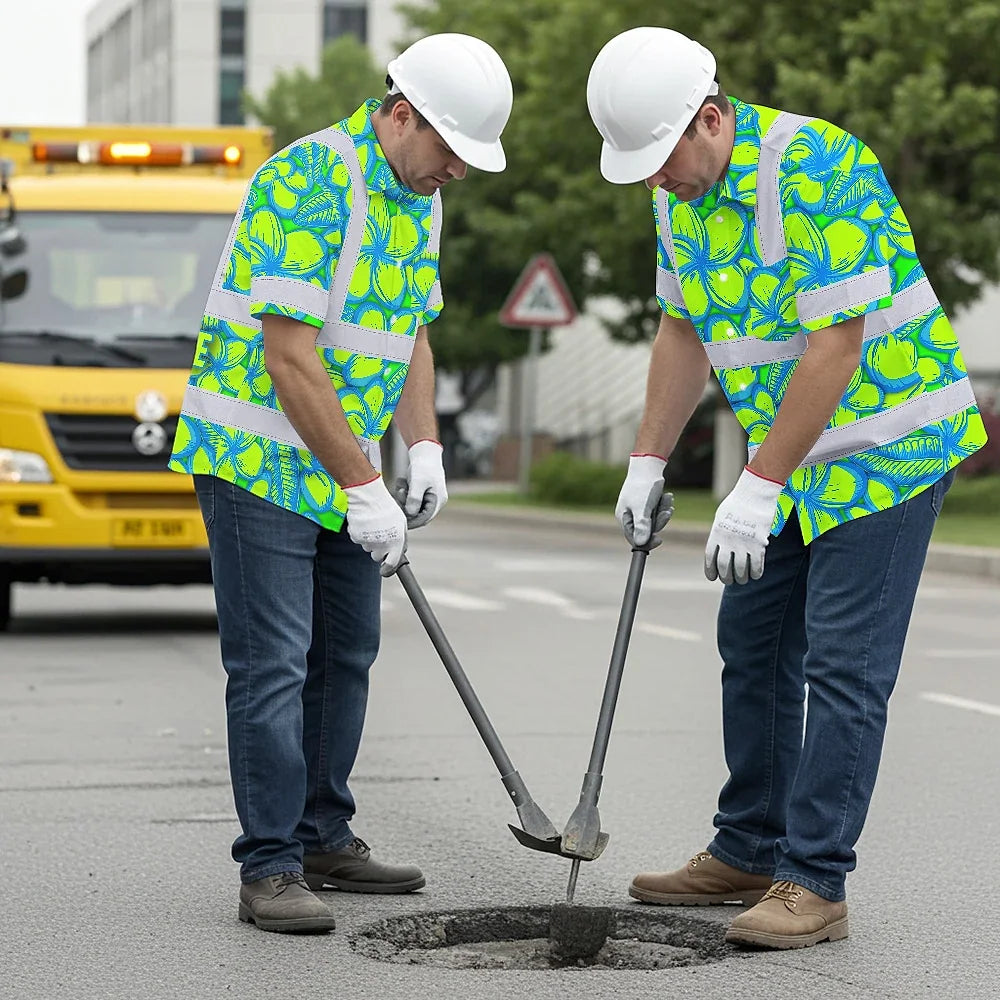 Hi Vis Hawaiian Shirt Reflective Tapes Green Neon Blue Plumeria Custom Name Safety Workwear For Workers, Truckers, Operators