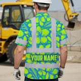 Hi Vis Hawaiian Shirt Reflective Tapes Green Neon Blue Plumeria Custom Name Safety Workwear For Workers, Truckers, Operators