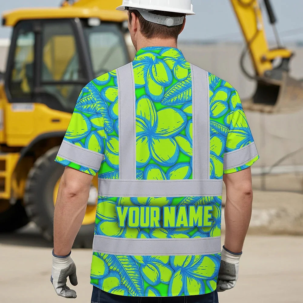 Hi Vis Hawaiian Shirt Reflective Tapes Green Neon Blue Plumeria Custom Name Safety Workwear For Workers, Truckers, Operators